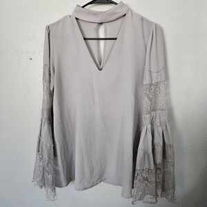 Antoinette Women's Small Grey Long Sleeve Blouse Choker V-neck Lace Bell Boho